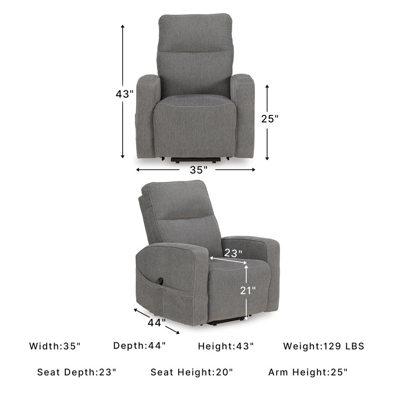 Loes Upholstered Lift Assist Power Recliner, Gray Polyester