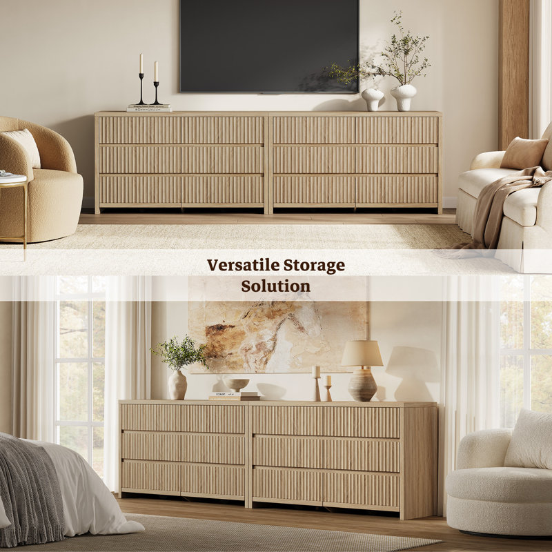 Allete 55.2"W Modern Fluted Panel 6-Drawer Dresser, Sandstone Beige