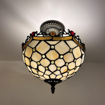 Tiffany Ceiling Lights Fixture Beige Stained Glass Crystal Beans LED Bulbs Included 12"W*12"D*12"H