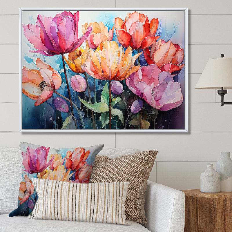 Les tulipes viennent vivantes avec un pinceau féroce sur toile, Cadre simple argenté, H 24 po x l 32 po x P 1 po