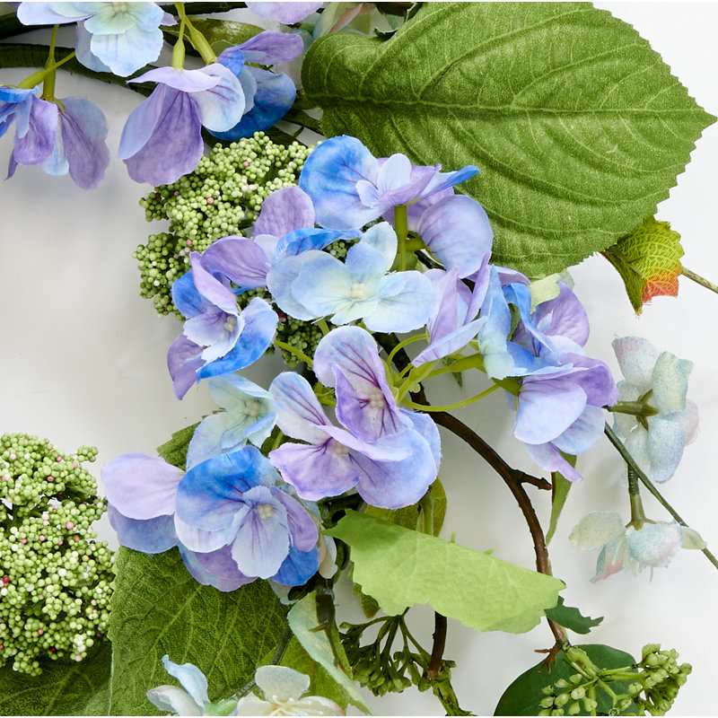 16" Artificial Hydrangea and Green Leaves Wreath, Blue