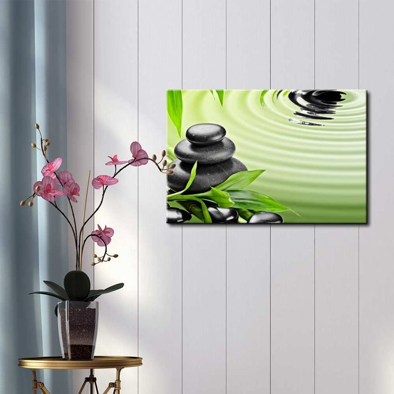 Zen Stones Rocks over Bamboo Branches on a Rippled Lake - Reproduction de photo sur toile tendue