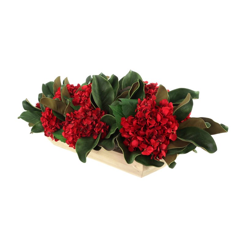 Hydrangeas and Magnolia Leaves in Wooden Planter