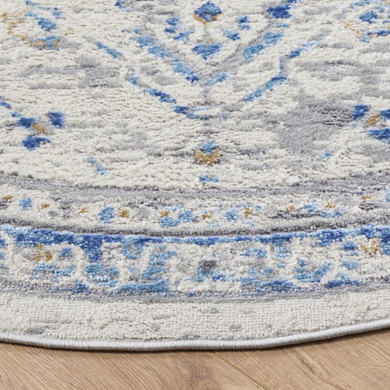 Huckabee Oriental Grey/Blue Area Rug, Round 6'7"