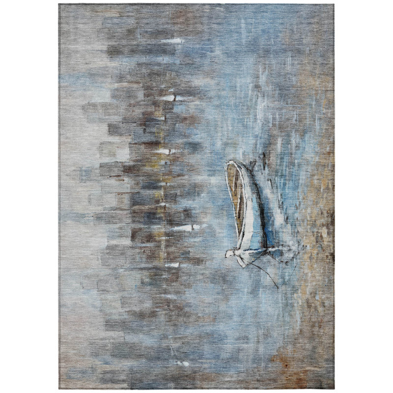 Machine Washable Indoor/Outdoor Xhevrie Blue Rug, Rectangle 8' x 10'