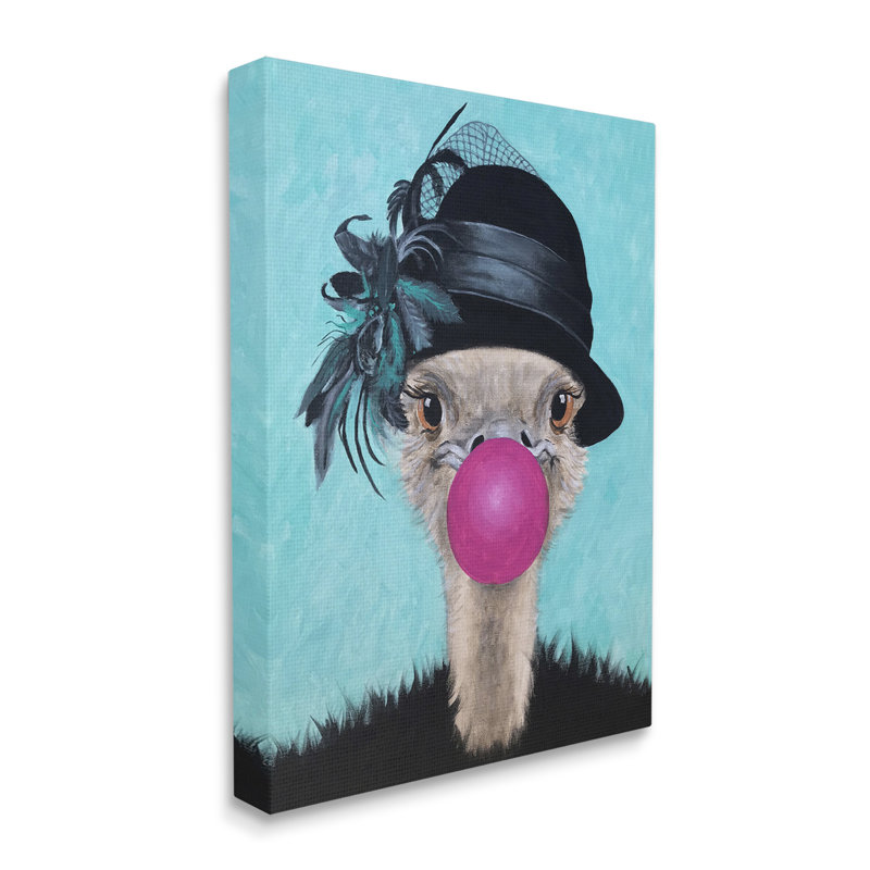 Autruche élégant chapeau noir rétro rose Bubblegum par Coco de Paris - Peinture, Toile tendue, H 20 po x l 16 po x P 1,5 po