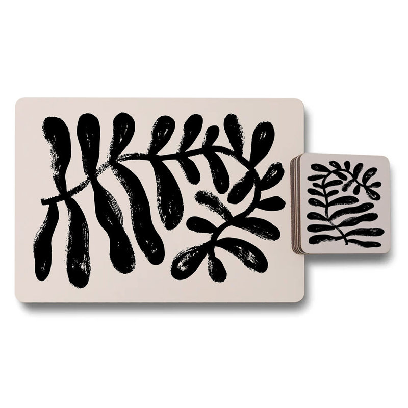 Placemats and Coasters Set Botanical Black Print on Wooden Base Artisan Crafted Limited Edition