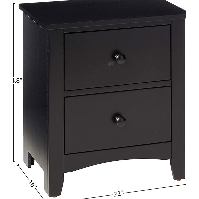 Table de chevet contemporaine à 2 tiroirs, placage de pin et noir avec rangement, Noir