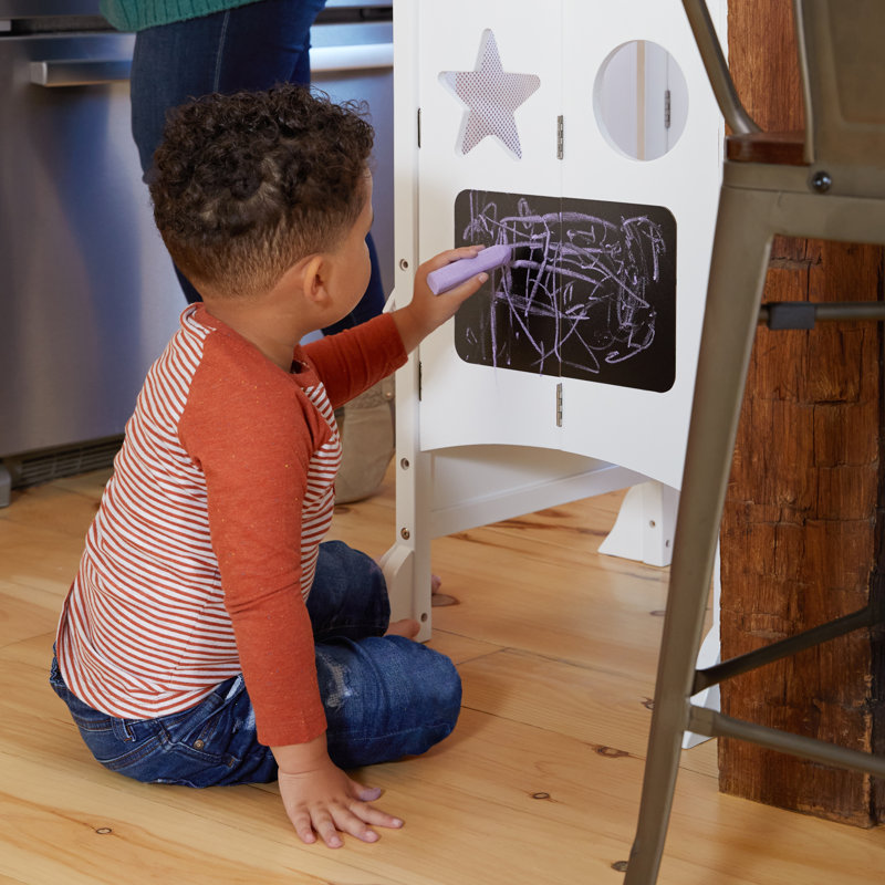 Guidecraft Classic Kitchen Helper Foldable Toddler Tower Stool with Anti-tip Feet and Safety Nets, White