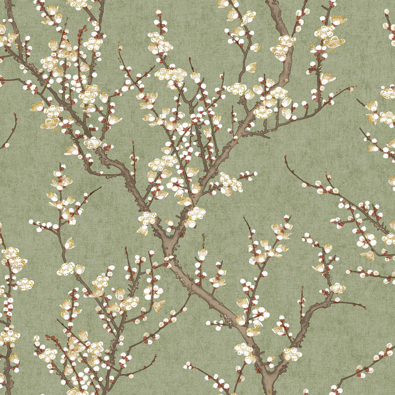 Laughlin Sakura Tree Design 10.05M X 53Cm Matte Wallpaper Roll, Green/Cream