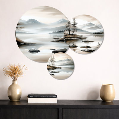 «Summer Calm Mountain Peaks Reflection - Brown Landscape», ensemble d'art mural en métal