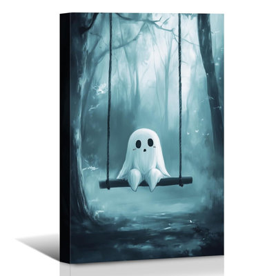 Halloween Canvas Wall Art, Funny Ghost Swing In Forest Pictures Print, Gothic Dark Academia Wall Decor For Living Room, Bedroom
