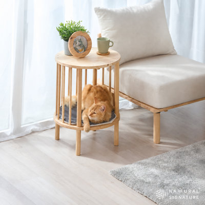 Arcadia Solid Rubberwood Cat Hideaway End Table with Cushion
