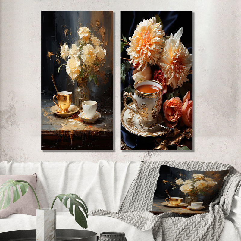 Tea Time Classic Sips - Ensemble de 2 impressions sur toile café et thé, H 28 po x l 25 po, Toile tendue