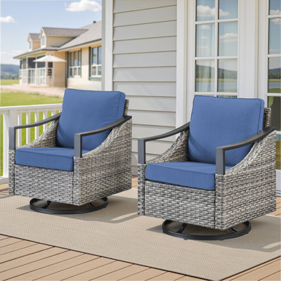 Ensemble de 2 chaises berçantes d'extérieur pivotantes et berçantes d'extérieur en osier gris avec coussins bleus pour le porche ou la cour