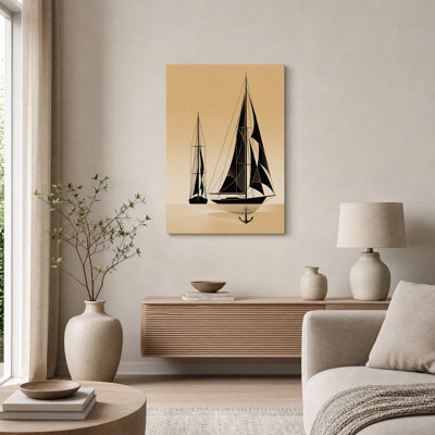 Voiliers noirs et ancre sur fond beige, tableau mural sur toile