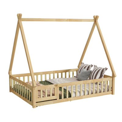 Rubber Wood Full Size Bed With Frame, Guardrails, And Door - Elegant Bedroom Teepee Design, Natural Finish Ideal For Family Use