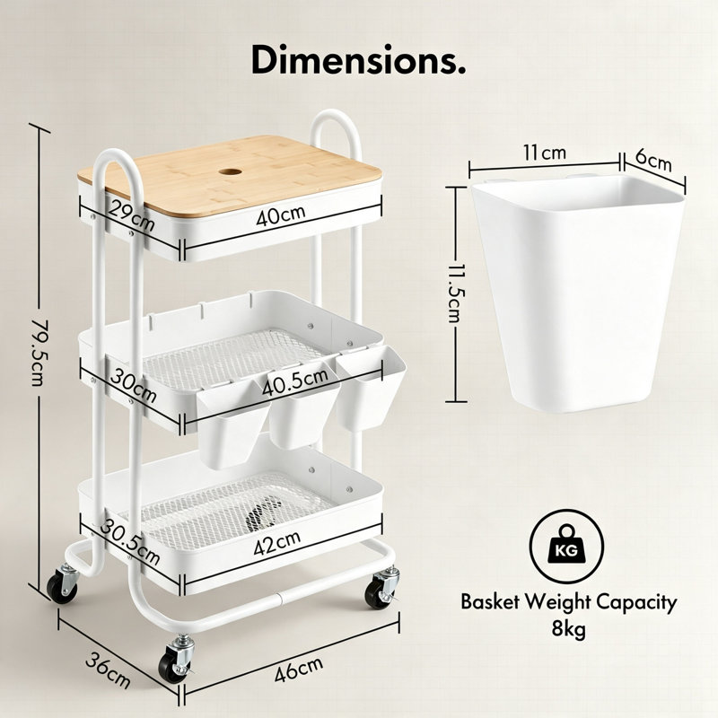 White 3-Tier Rolling Storage Trolley with 4 Castor Wheels, Steel Frame Cart with Solid Bamboo Lid, Complete with 3 Hanging Baskets & Hooks, Multipurpose Storage Organiser for Bathroom, Kitchen, Craft Room & Home Office