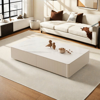 51.19'' Modern Rectangular Coffee Table With Faux Marble Top, 4 Large Drawers And Gold Stainless Steel Base
