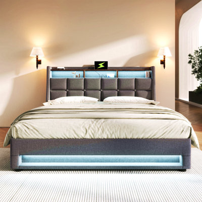Lit plateforme tapissier double avec système de rangement hydraulique, chargement DEL et USB, gris (sans matelas)
