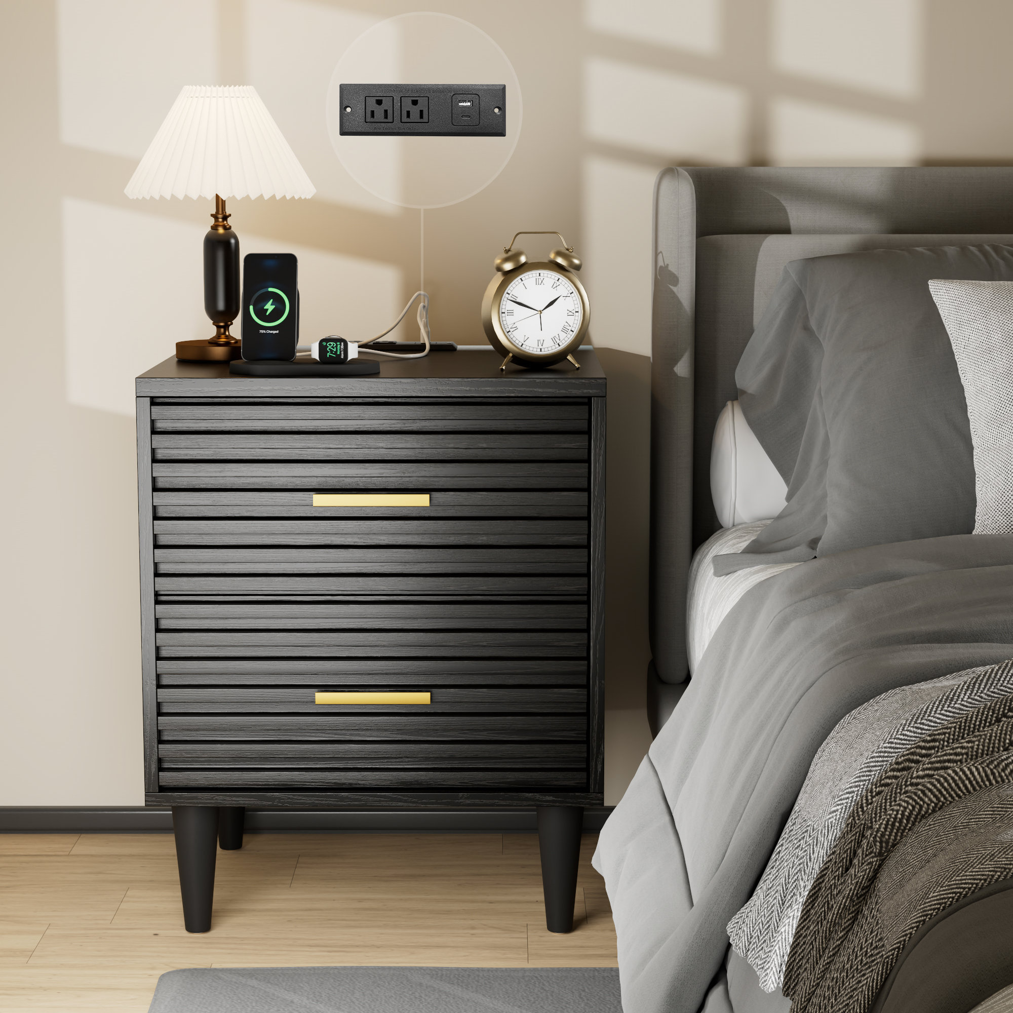 Mercer41 Aariel Black Nightstand With Charging Station Mid Century