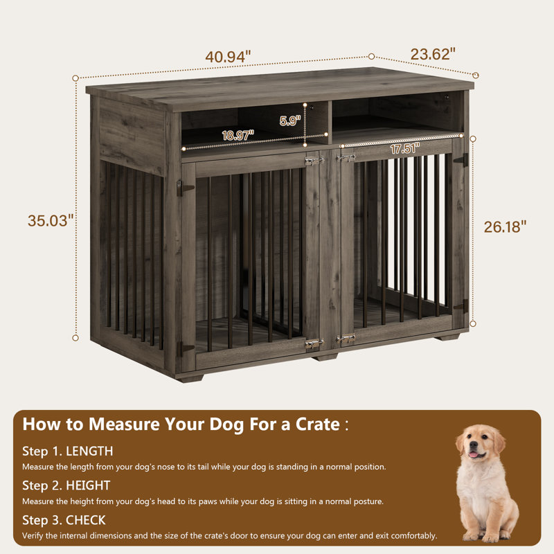 Meuble-cage pour chien, Gris, H 35,03 po x l 41 po x P 23,62 po