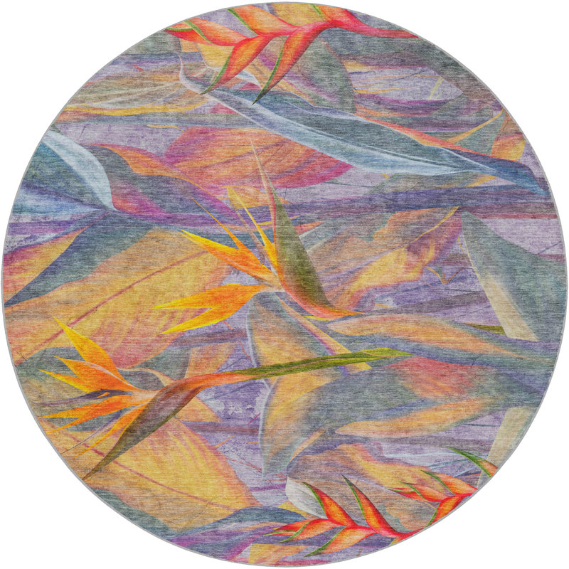 Premium Machine Washable Dream Shag ADS209 Birds of Paradise Rug, 8' Round