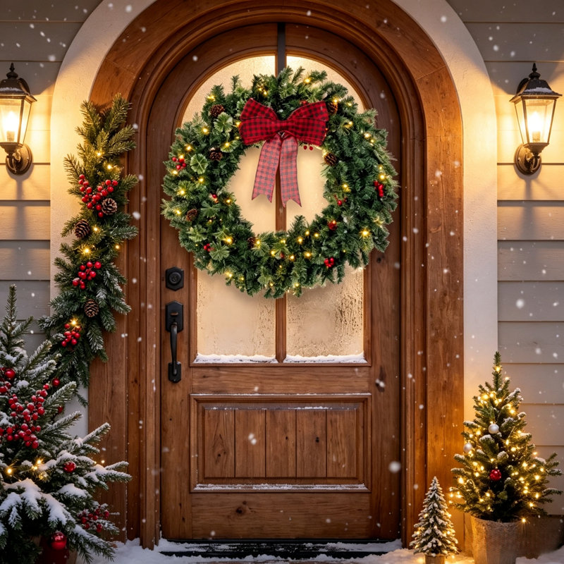 Couronne de Noël Crestwood Spruce pré-illuminée avec nœud, différents modes d'éclairage, baies rouges et pommes de pin