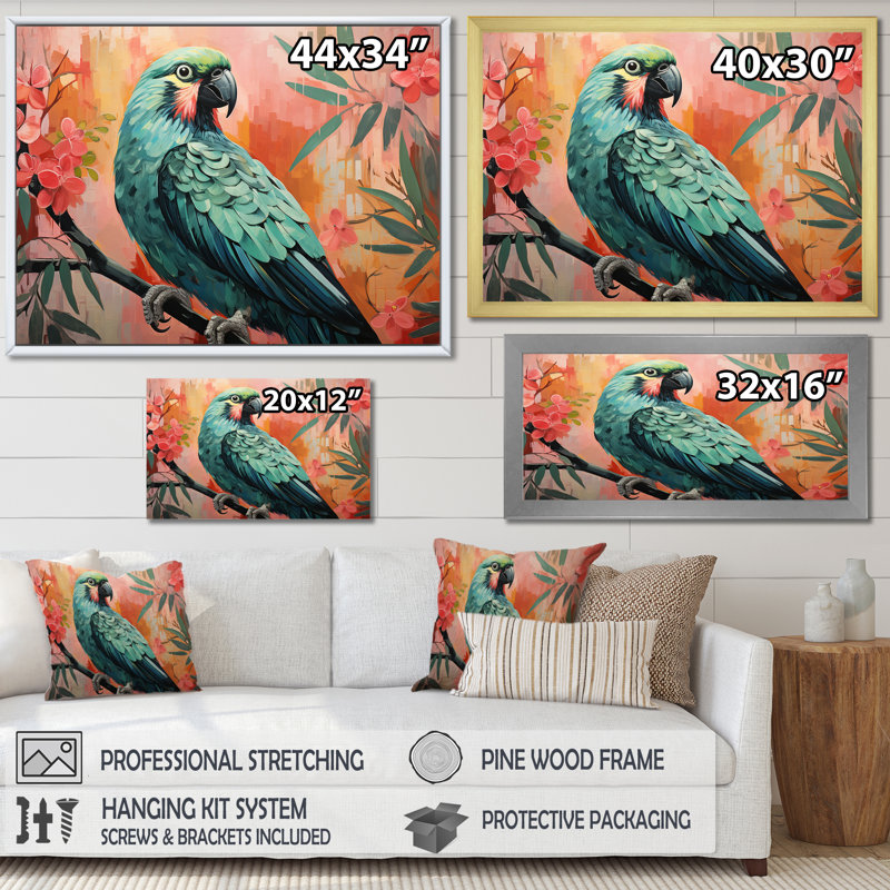 «Blue and Pink Parrot Paradise III», art mural perroquet, Cadre doré à coins fermés, H 30 po x l 40 po x P 1,5 po