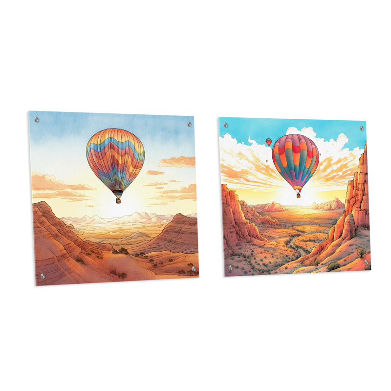 Flottant Dessert Dreamscape Hot Air Balloon - montgolfière, acrylique, art mural, ensemble de 2 verres, H 16 po x l 33 po