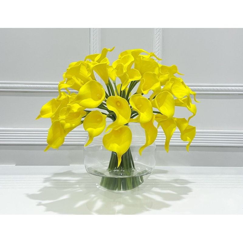 Yellow Real Touch Calla Lilies Arrangement Faux Flowers In Glass Vase, Yellow
