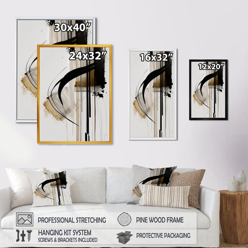 Noir, blanc et or Expression I - art mural abstrait, H 40 po x l 30 po, Toile avec cadre flottant, Doré