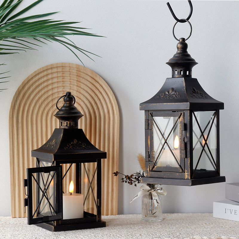 Set of 2 Decorative Candle Holder 27cm High Metal Hanging Lantern, Black