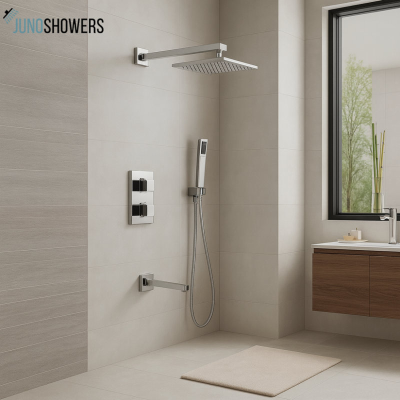 Ensemble de douche d'extérieur carré en chrome Juno - Conception élégante et murale pour les espaces extérieurs modernes