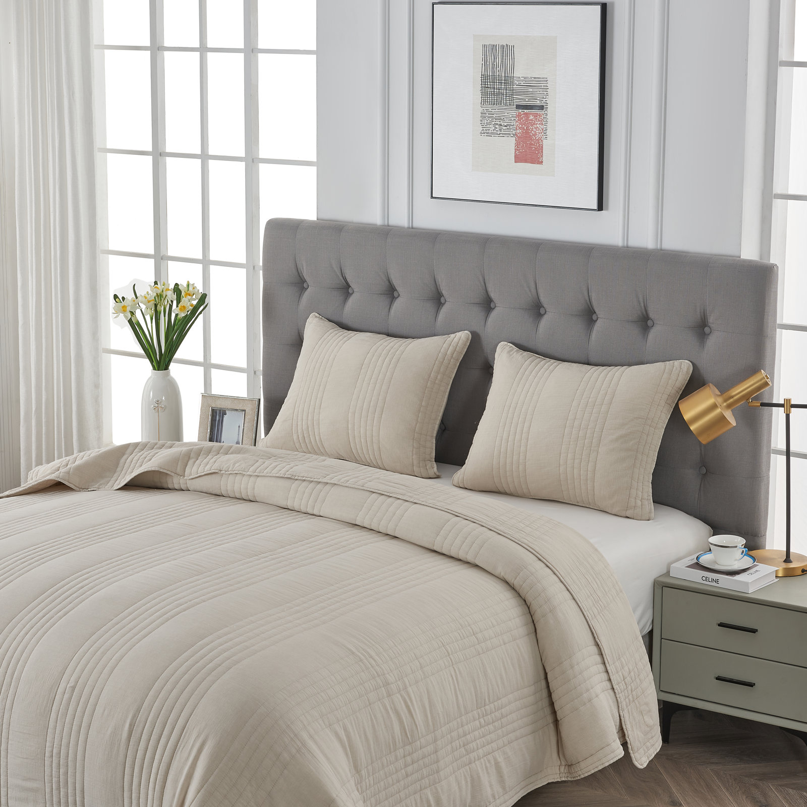Cotton Quilt Set, King Quilt + 2 King Shams, Light Khaki