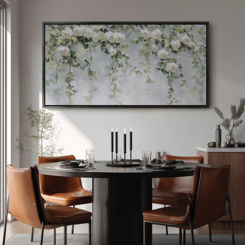 Art mural encadré sur toile - Vignes de roses blanches élégantes avec feuillage vert - 16 po x 24 po, 24 po x 36 po, Noir