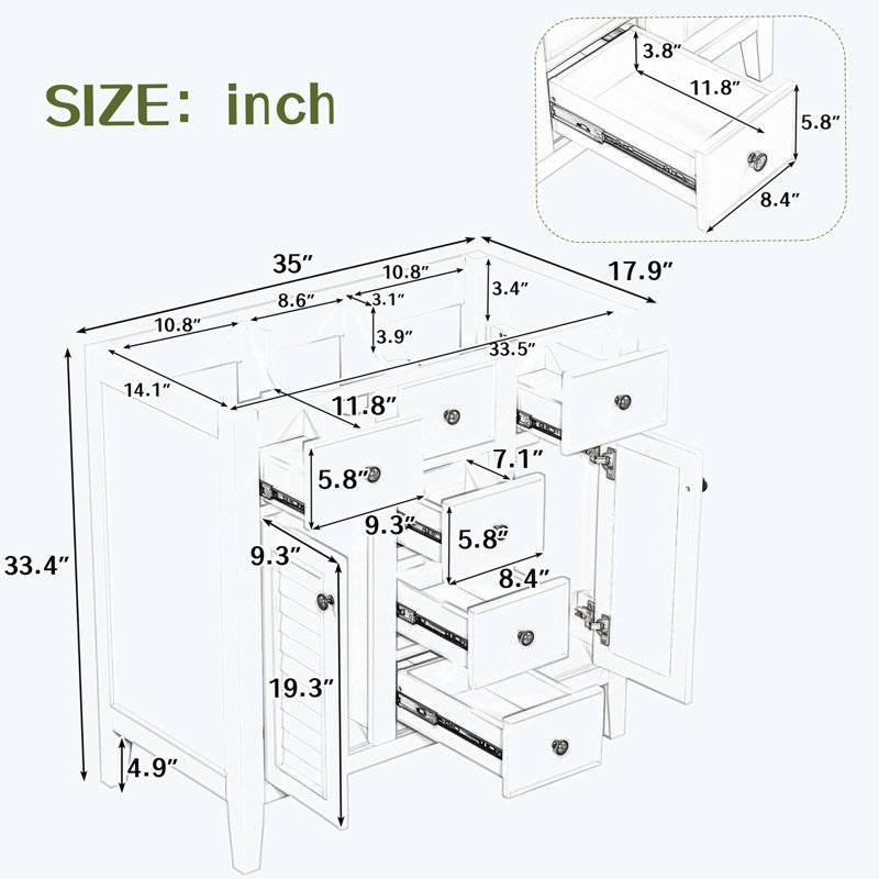 Gray 36" Freestanding Bathroom Vanity with Five Drawers