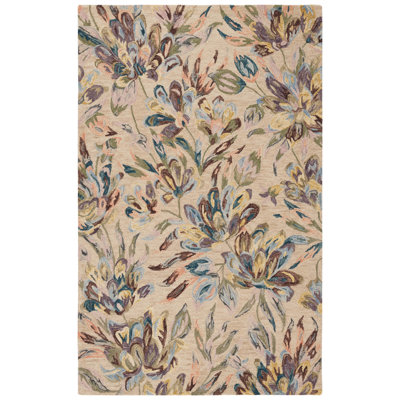 Tapis floral mauve / beige en laine / coton touffeté à la main Karetha