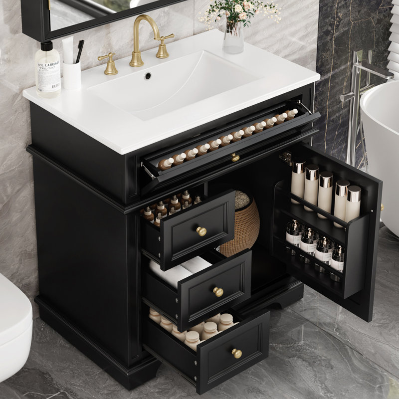 Meuble-lavabo de 30 po avec lavabo, un tiroir basculant, trois tiroirs, tablette de porte, porte à fermeture douce, noir