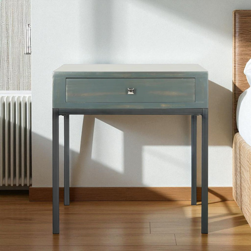 Table de chevet moderne en métal l 24 po avec plateau blanc et pieds Parsons, Bleu sarcelle foncé