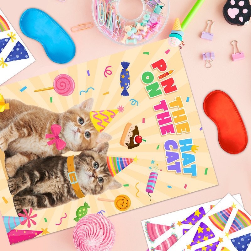 Pin The Hat on The Cat Party Games, 7 Pcs Cat Birthday Party Games Kit