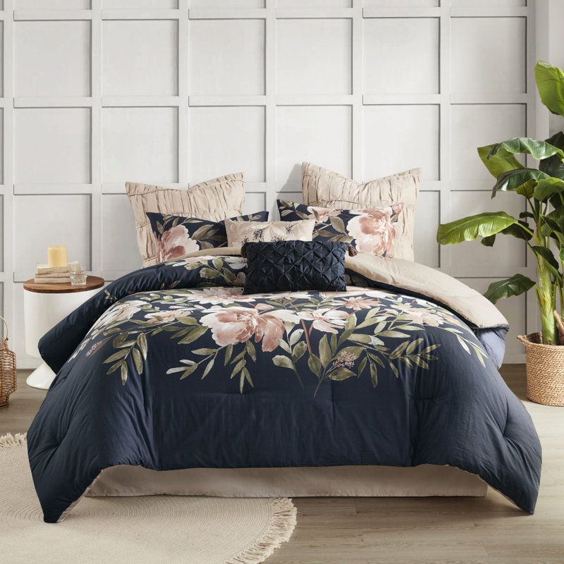 8 Piece Cotton Comforter - Navy Queen Blush Accents Decorative Pillow Included