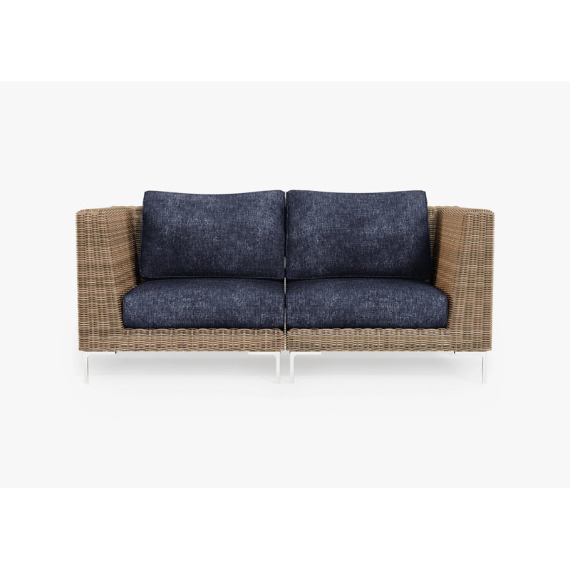 Brown Wicker Outdoor Loveseat, Deep Sea Navy