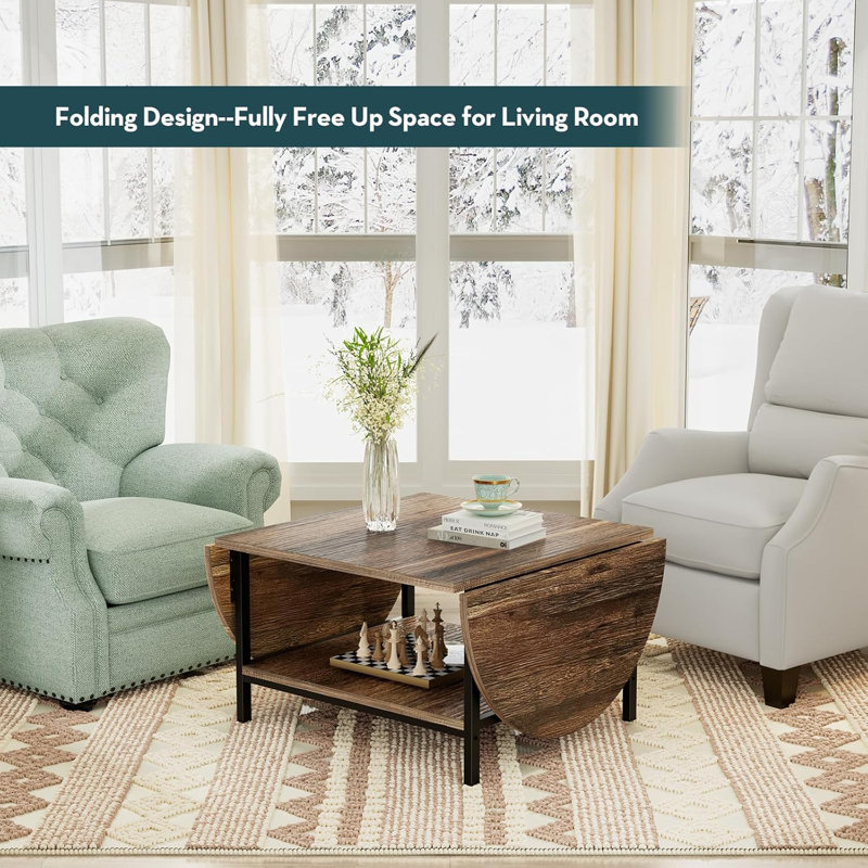 Rustic Brown Oval Extendable 2-Tier Coffee Table with Metal Legs