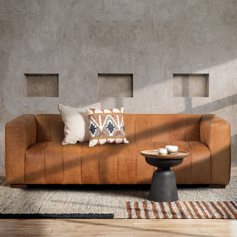 Canale Full-Grain Genuine Italian Leather Tufted Sofa, Cognac Tan, 99" W