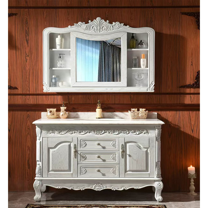 Meuble-lavabo sculpté en chêne de style européen avec plateau en marbre