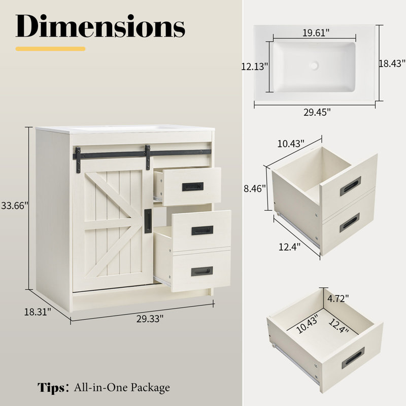29.33'' Single Bathroom Vanity with Manufactured Wood Top, White