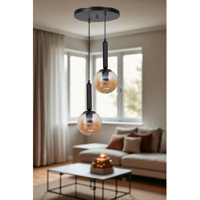 Stunning Metal Chandelier, Honey & Black Finish, Ø5.9 x 11.8 inches | Adjustable Height Up to 31.5 inches | 2 x E27 Socket (Max 40W) | Elegant Glass Cap | for Dining Room & Living Space Decor, Easy Installation