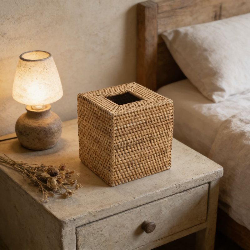 Housse pour boîte à mouchoirs en rotin - Support décoratif carré tissé naturel pour mouchoirs, bureau à domicile ou voiture
