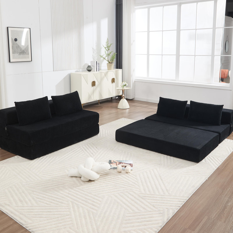 110.2" Convertible Sleeper Sofa Bed Corduroy Compression Couch Bed - No Assembly Required, Black
